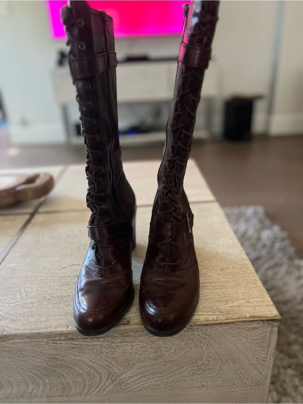 Nine West Dark Brown Lace-Up Leather Knee Boots